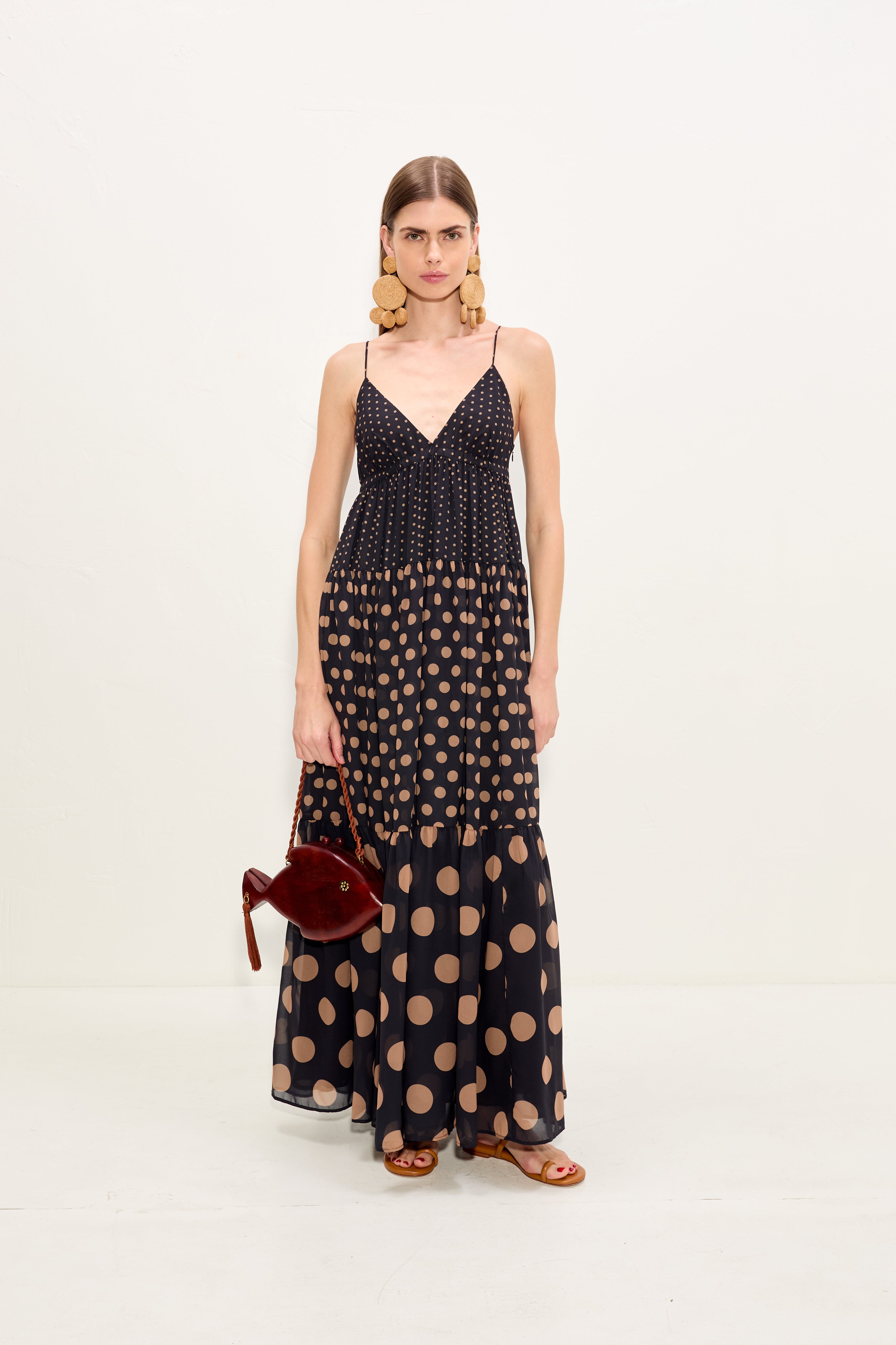 Romi Chiffon Maxi Dress In Black/Tan Polka Dot