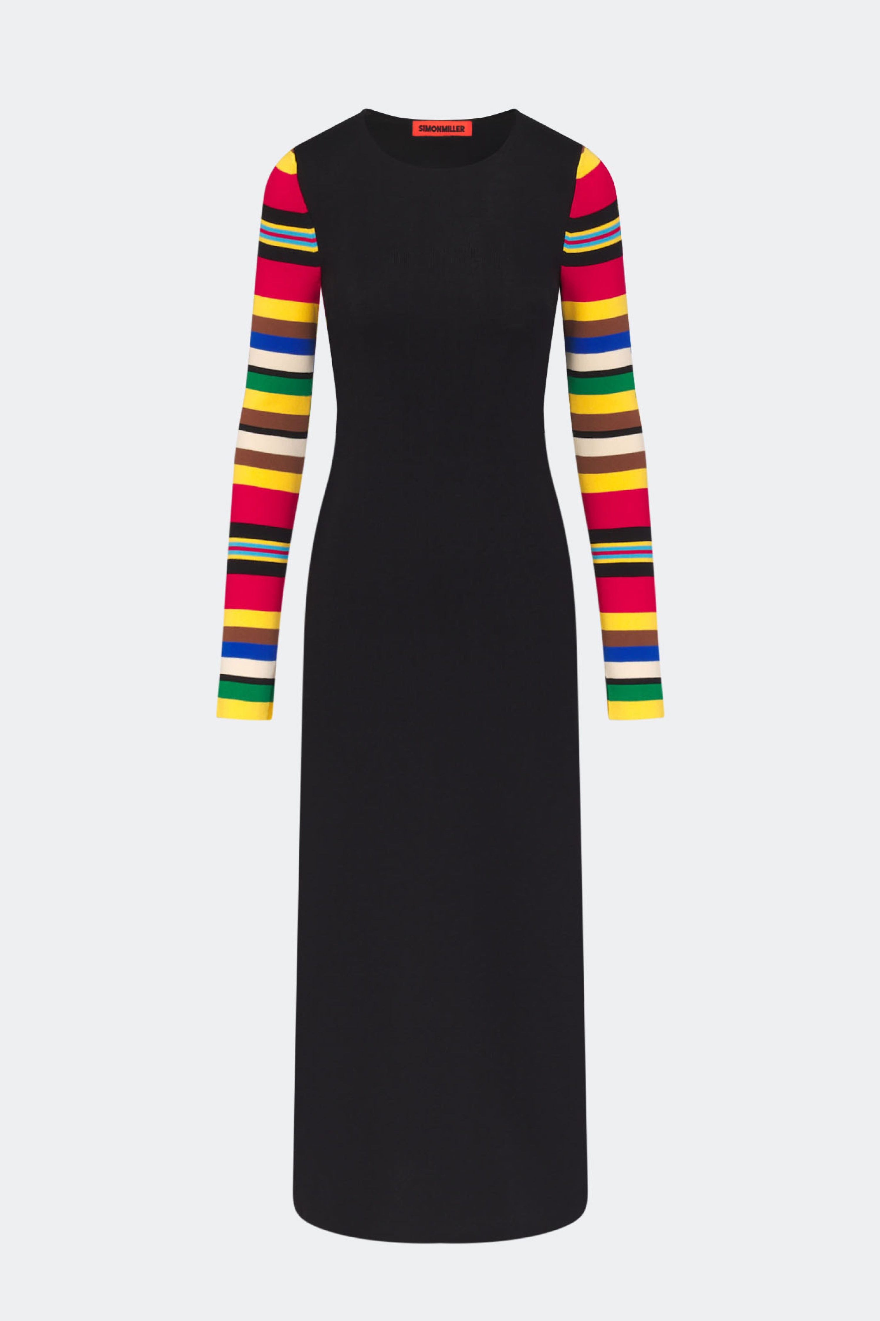 simon miller dress SIMONMILLER Adri Knit Maxi In Black/Multi Stripe S / Black/Multi Stripe Size:Size 40 Black Slinky Wrap Dress shaped with a classic priority-03-ribbon-bouquet-bodice-ankle-gown-blue-pink-multi