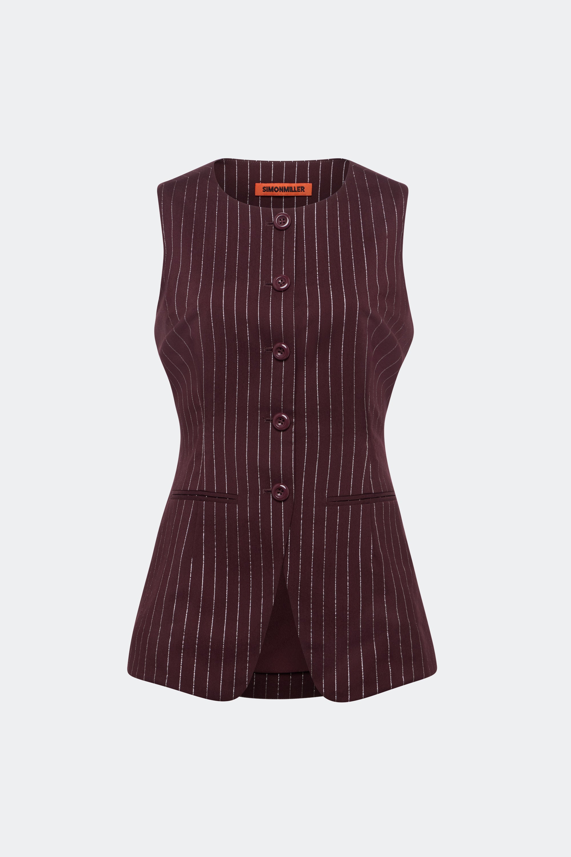 Del Mar Vest In Bordeaux Metallic Pinstripe – Simon Miller