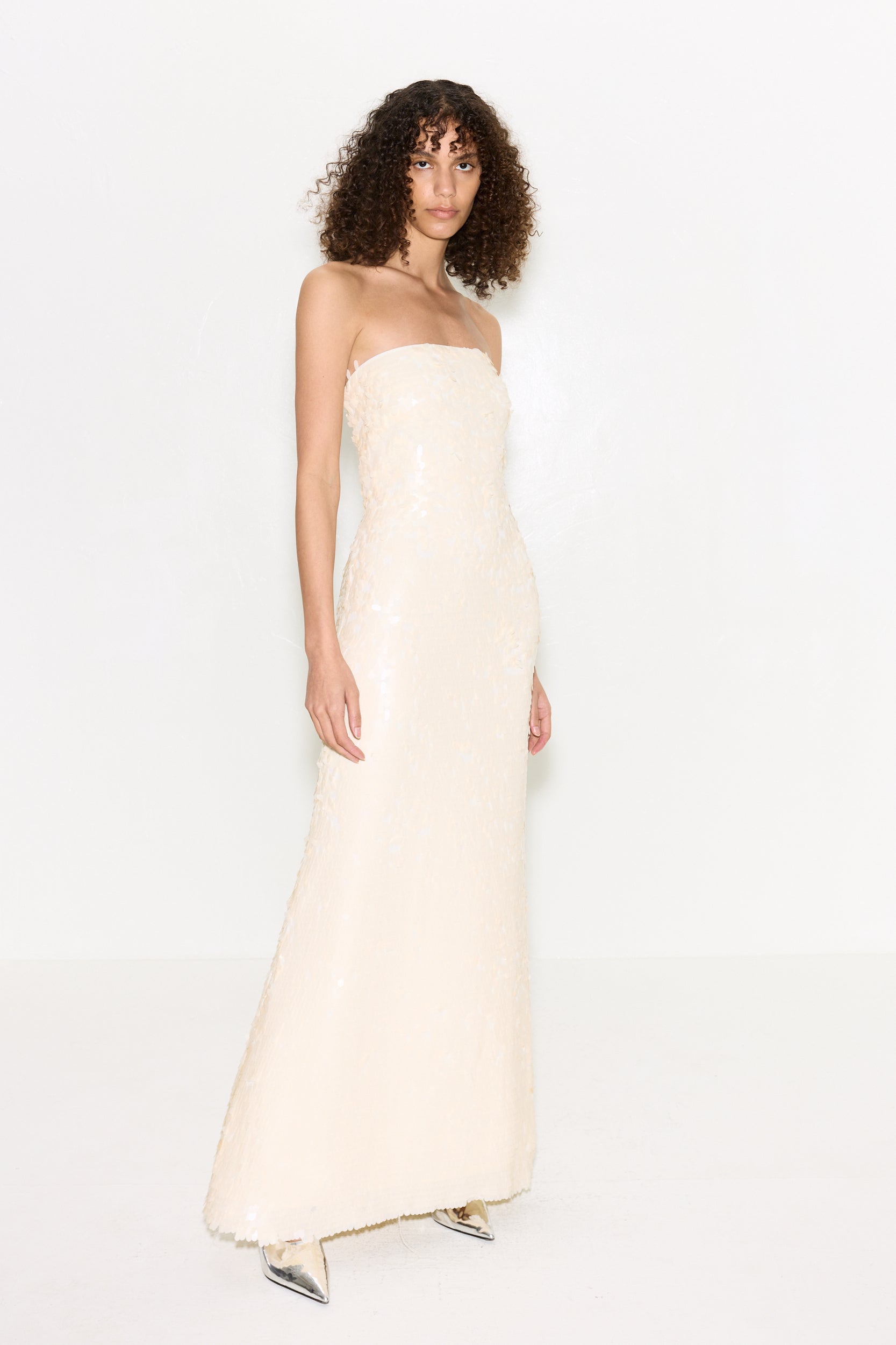 white strapless sequin dress Sculpty Strapless Sequin Dress In Bone – Simon Miller