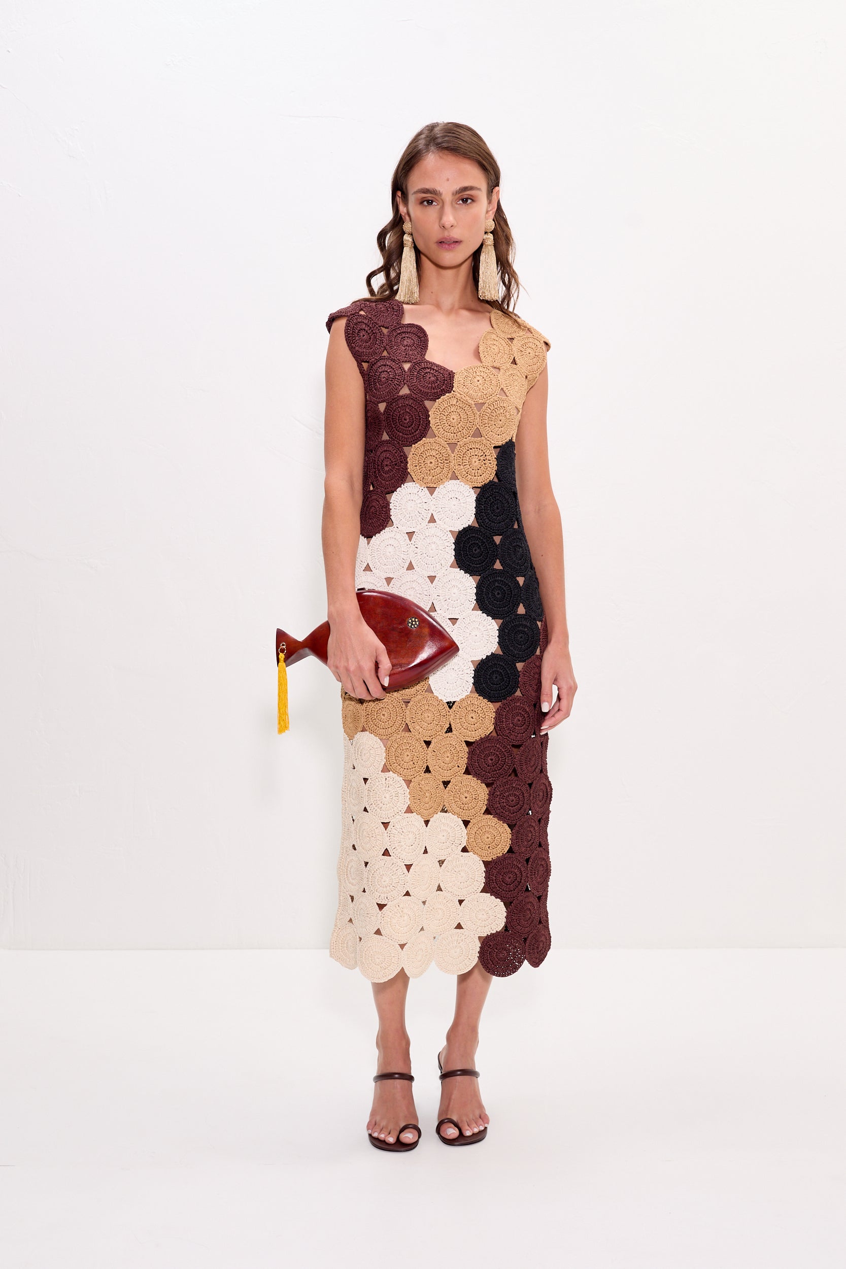 earth tone cocktail dresses SIMONMILLER Muro Crochet Dress in Combo M / Earth Tone Combo 35removed Dramatic Persona Black One-Shoulder 96612 SELF YARN Color:Black/Burgundy