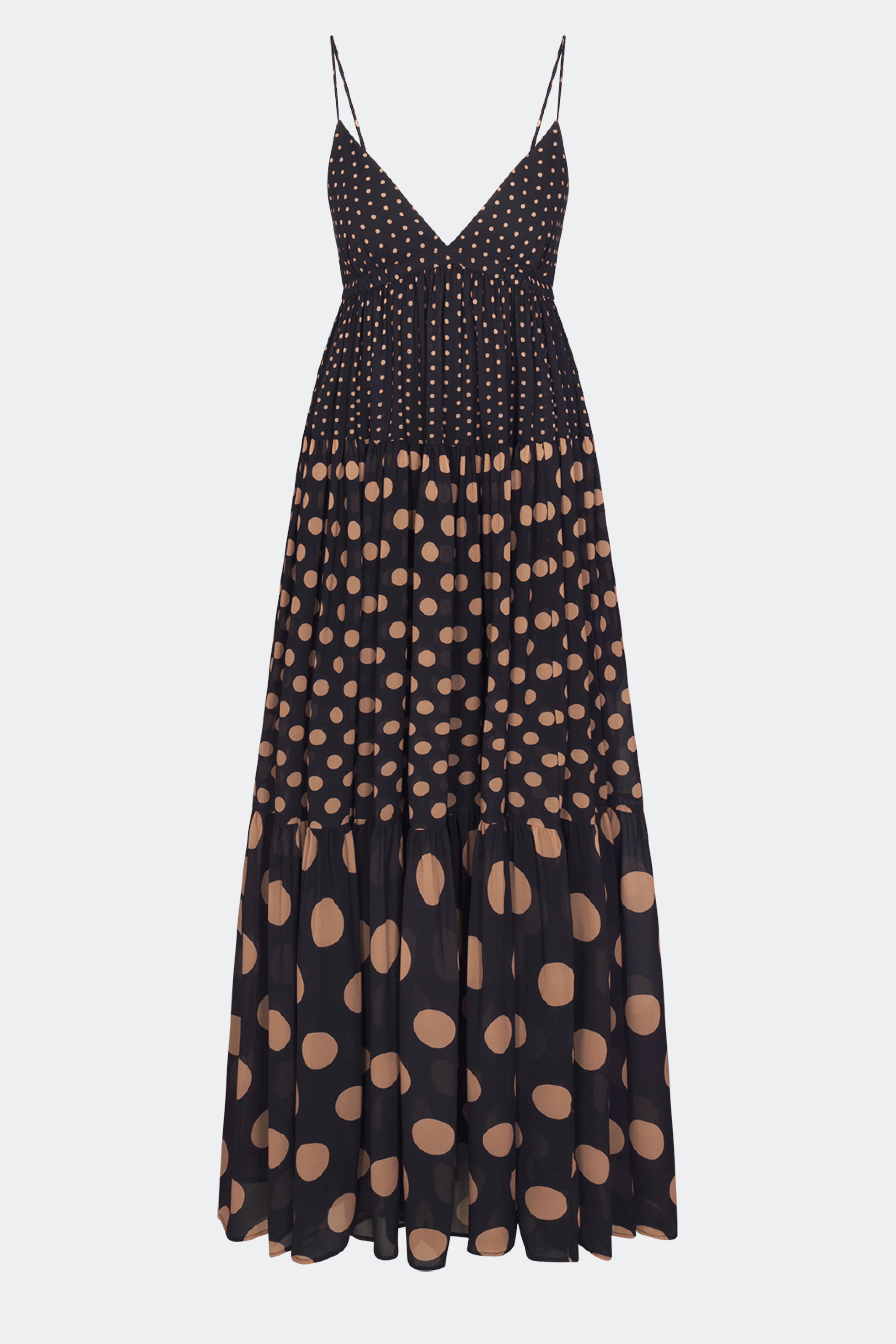 Romi Chiffon Maxi Dress In Black/Tan Polka Dot