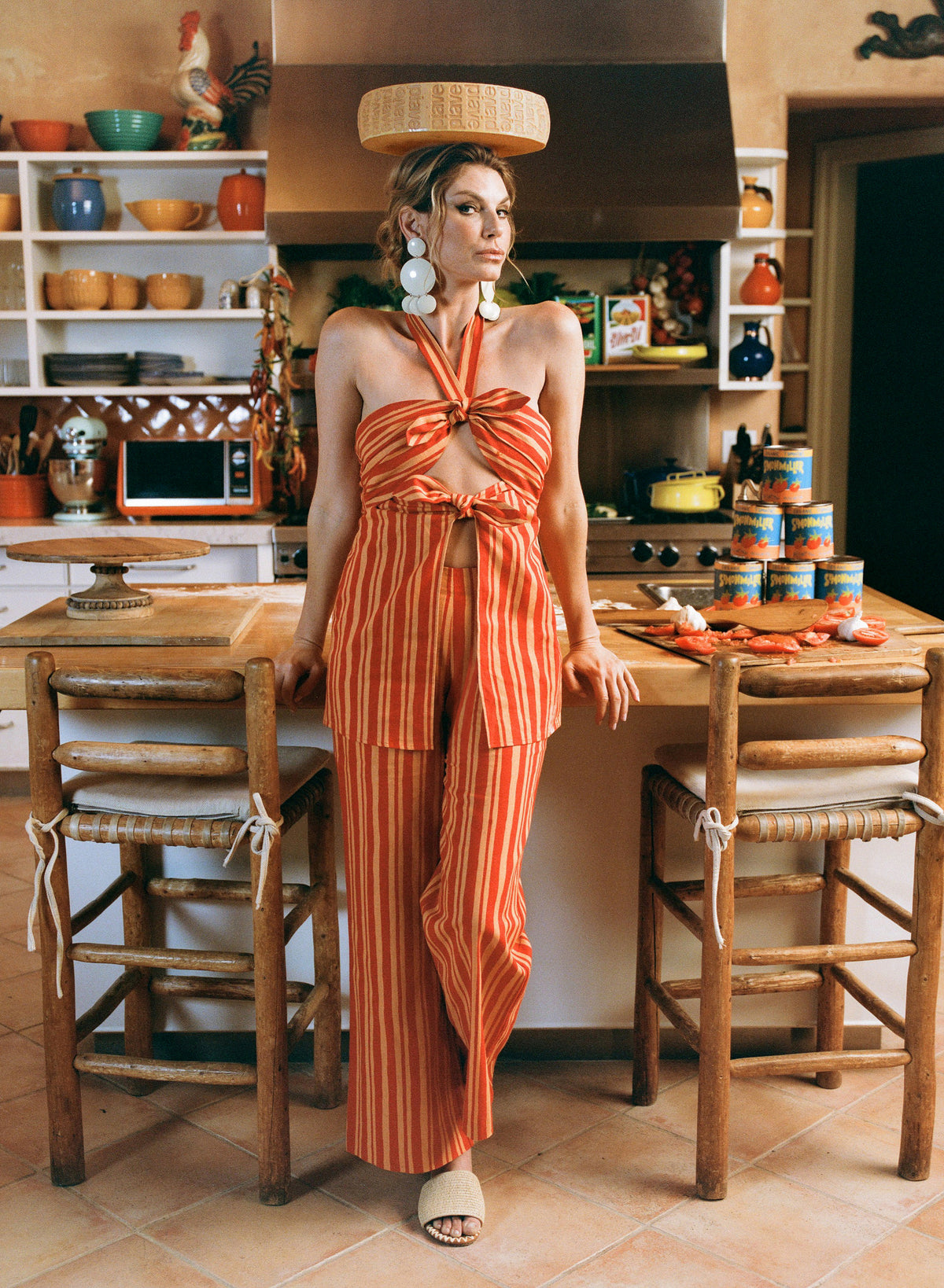 Lure Linen Top In Retro Red Orange Stripe