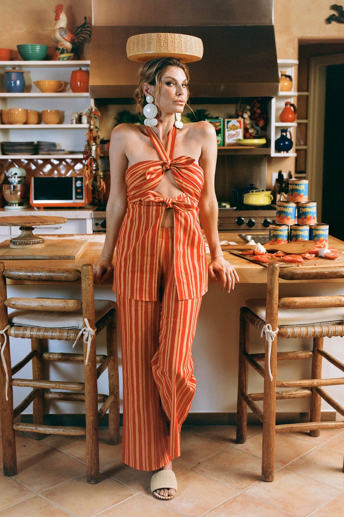 Lure Linen Top In Retro Red Orange Stripe