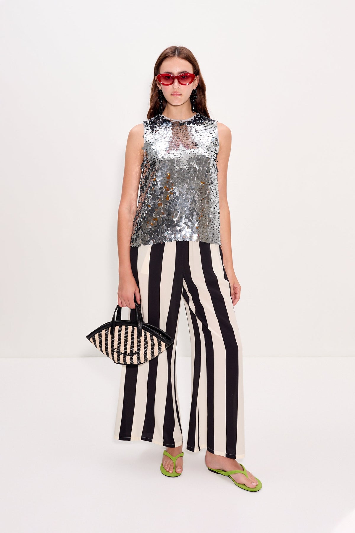 Nella Crepe Wide Leg Pant In Black/White Stripe