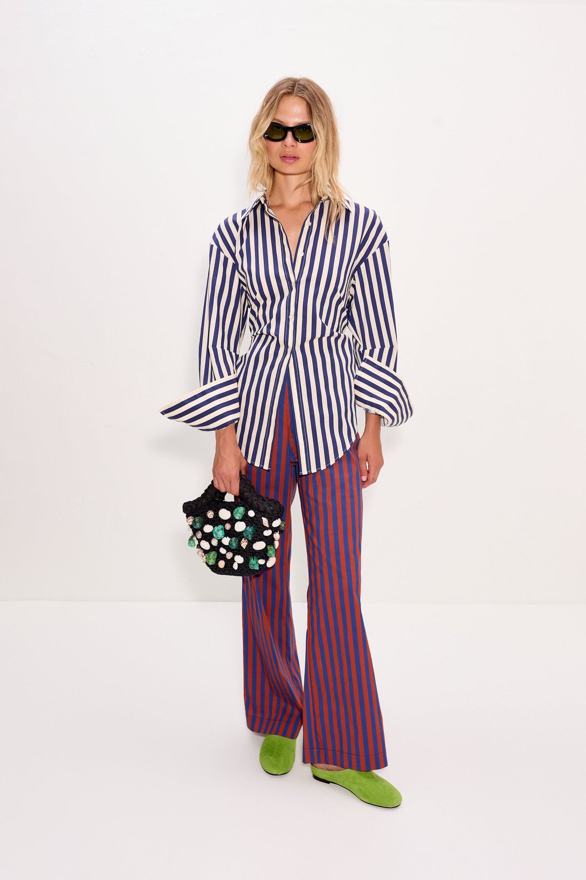 Pia Poplin Pant In Navy/Henna Stripe