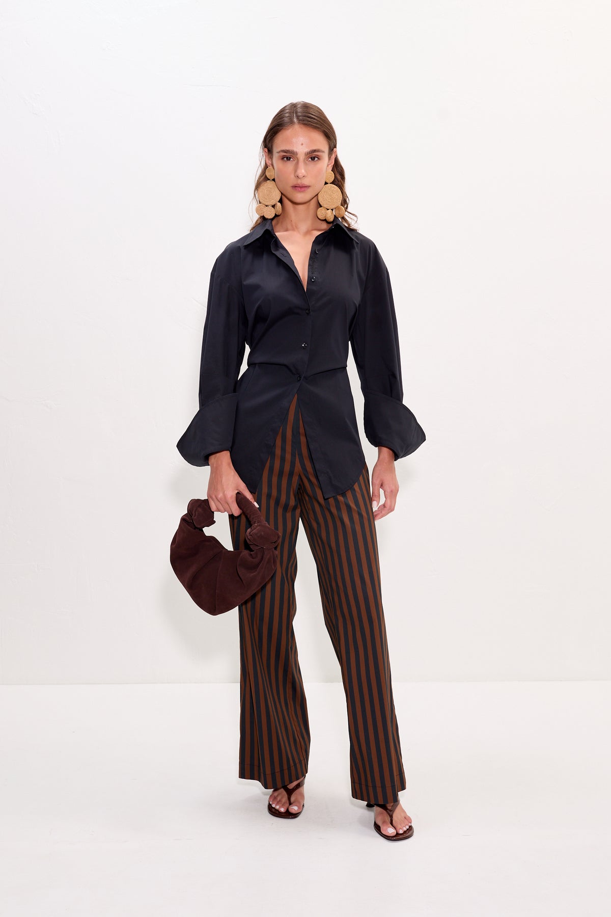 Pia Poplin Pant In Black/Choco Brown Stripe