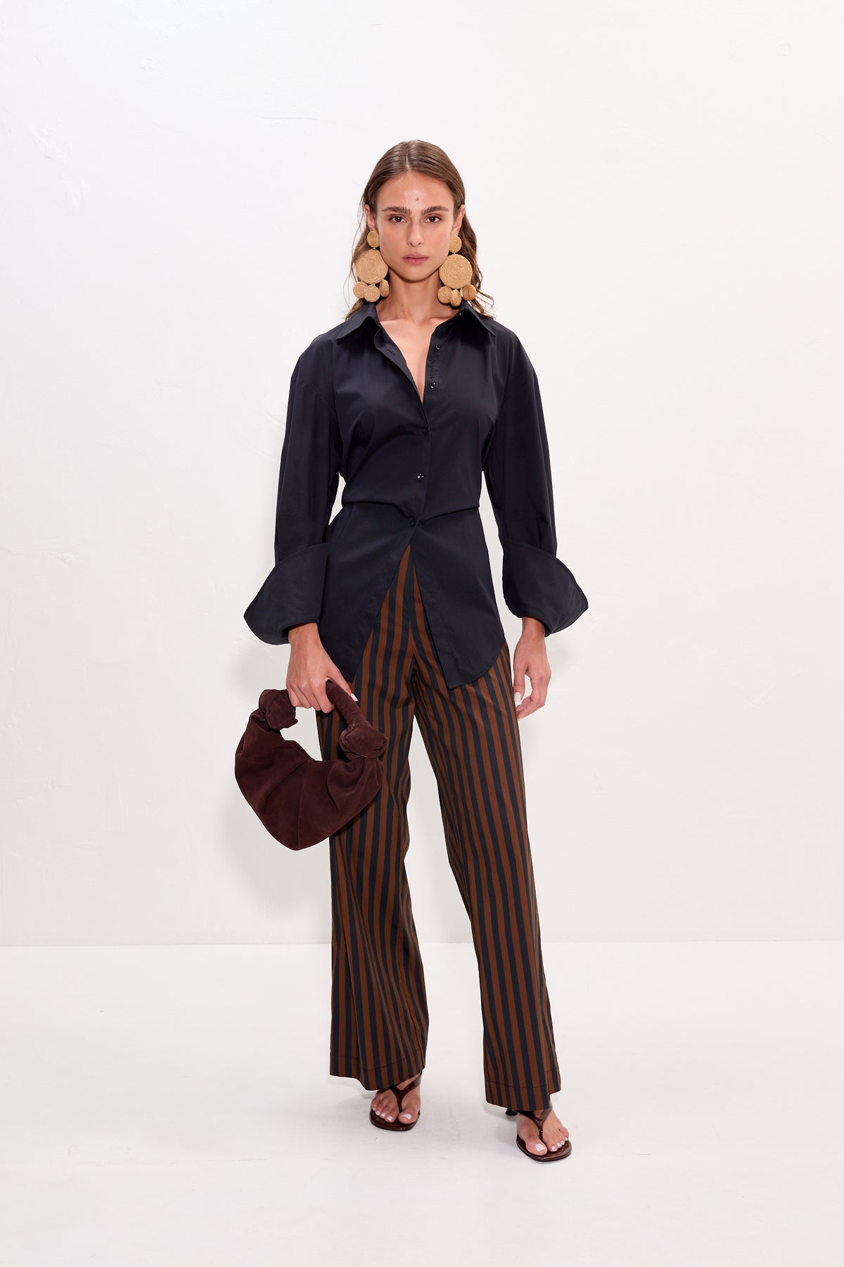 Pia Poplin Pant In Black/Choco Brown Stripe