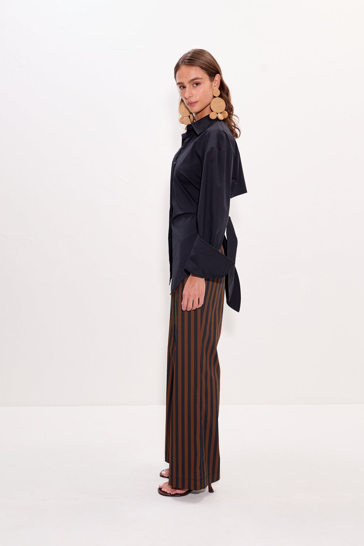 Pia Poplin Pant In Black/Choco Brown Stripe