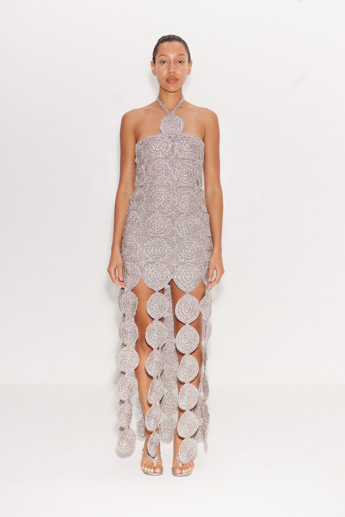 Beep Beep Dress in Satellite Silver Hand Knit Lurex Crochet Beep Beep Dress in Satellite Silver Hand Knit Lurex Crochet
