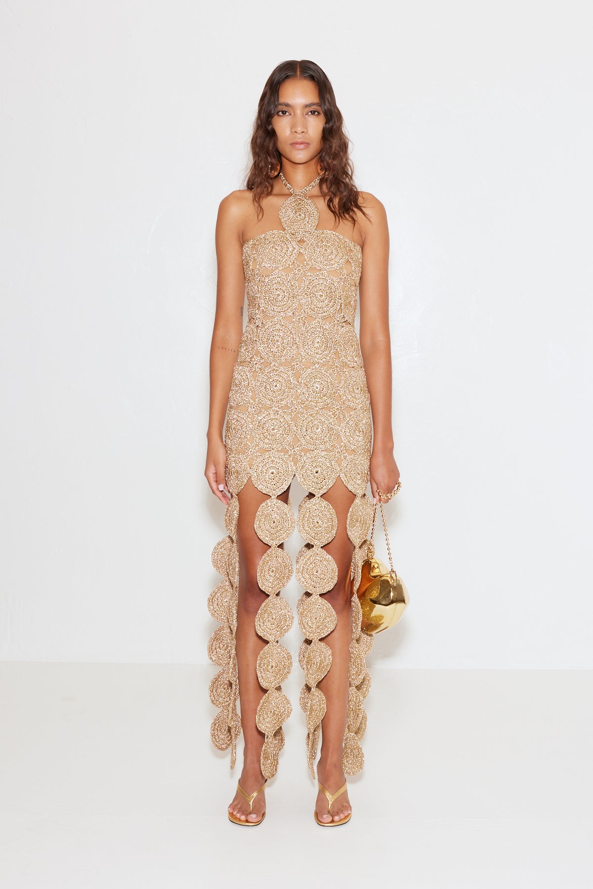 Beep Beep Dress in Star Gold Hand Knit Lurex Crochet | SIMONMILLER Simon Miller Beep Beep Dress in Star Gold Hand Knit Lurex Crochet | SIMONMILLER Simon Miller