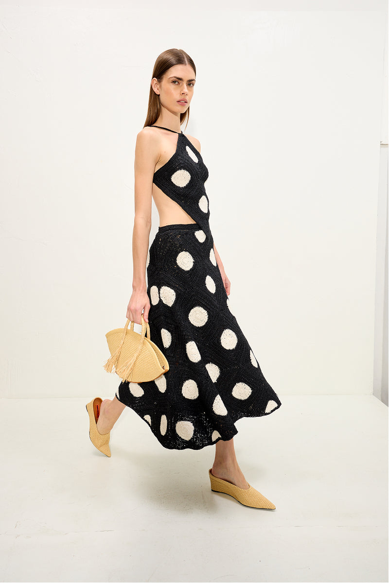 Zorah Crochet Skirt In Black/Macadamia Polka Dot