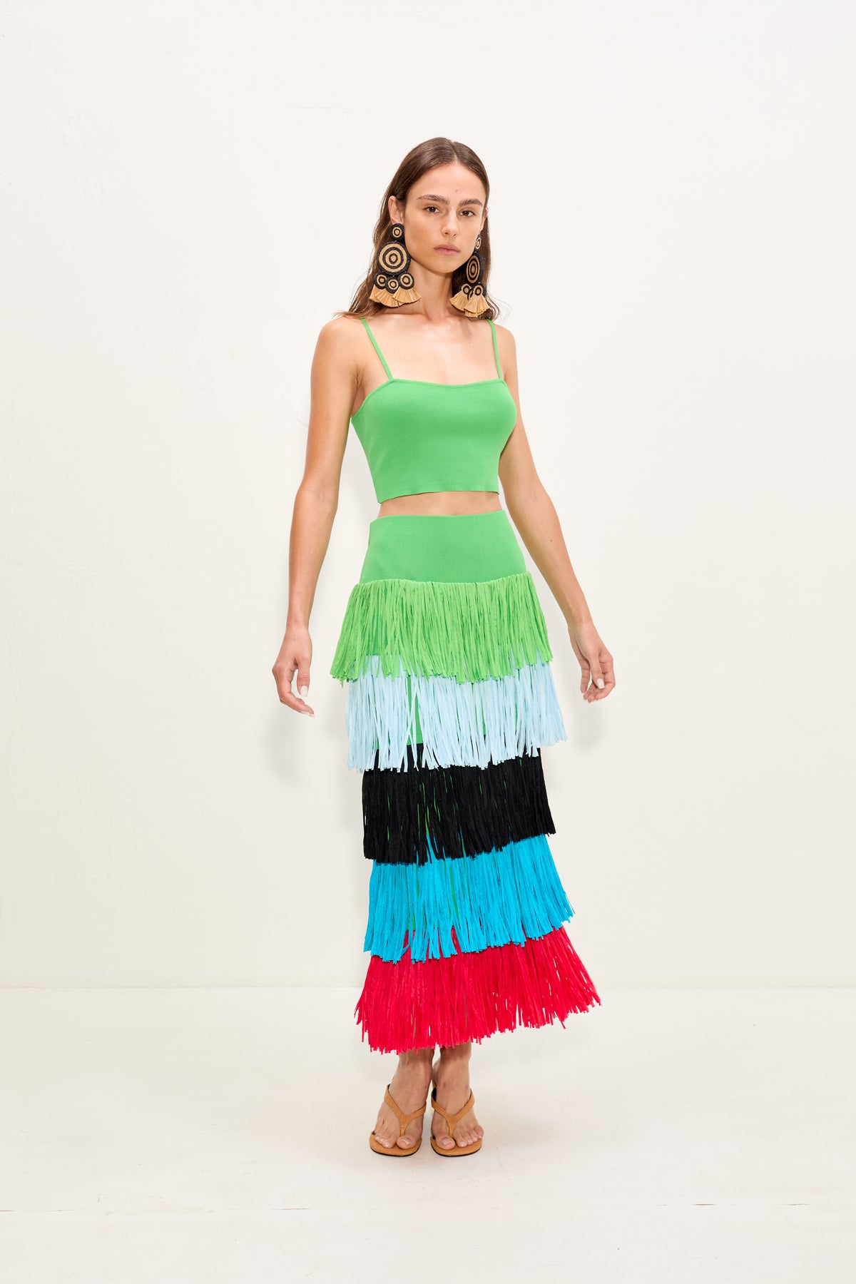 Dio Fringe Knit Skirt In Grass Green Multi