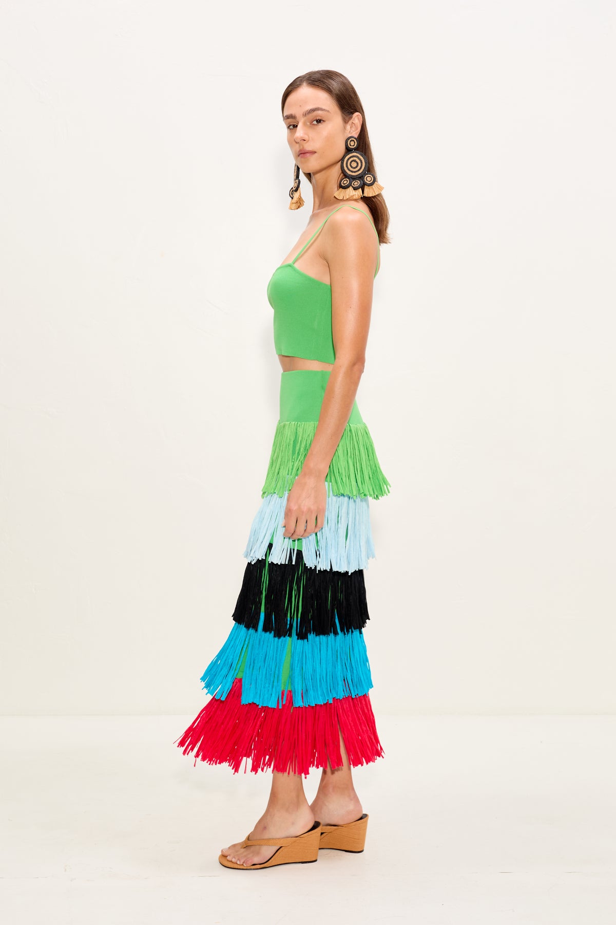 Dio Fringe Knit Skirt In Grass Green Multi