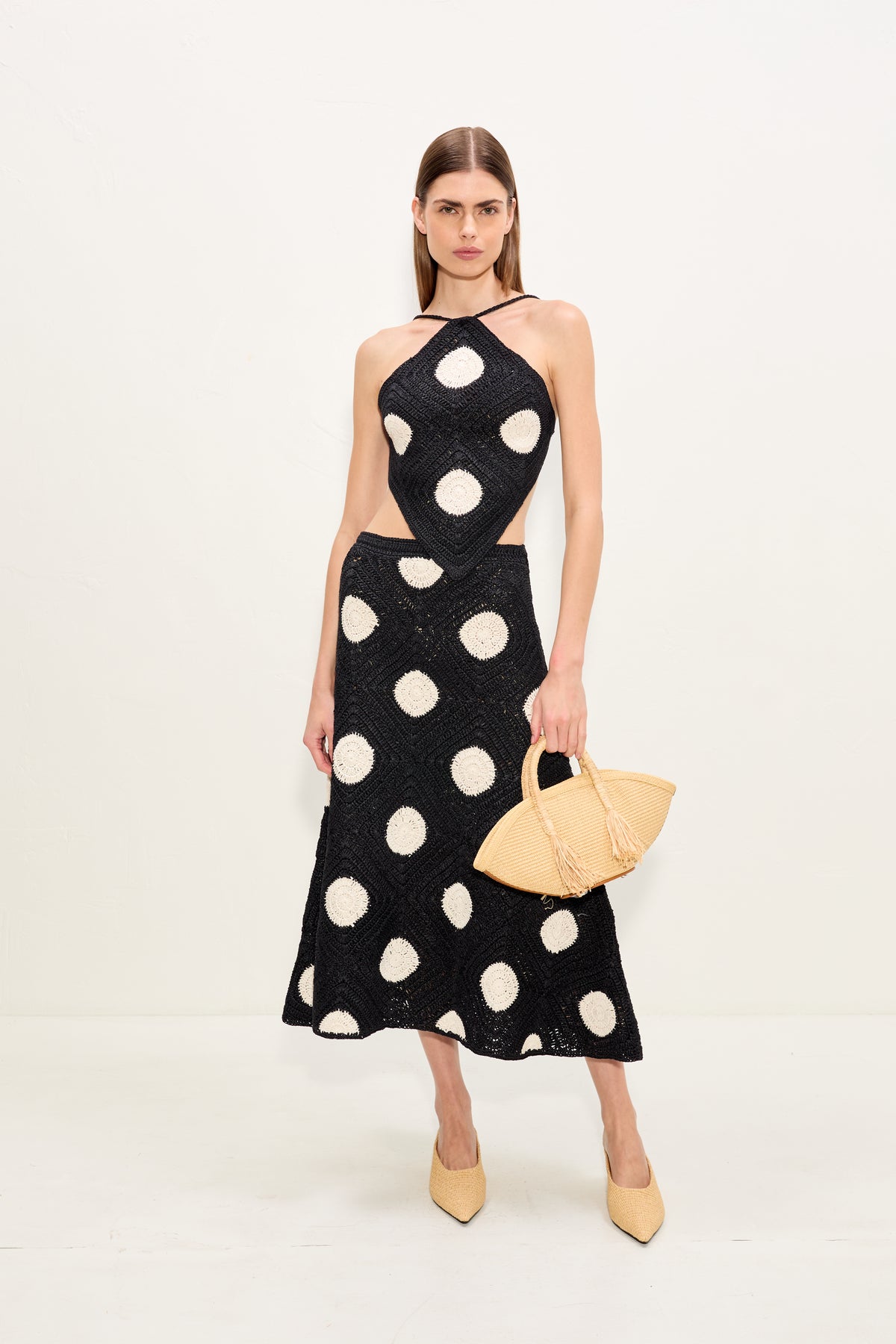 Zorah Crochet Skirt In Black/Macadamia Polka Dot