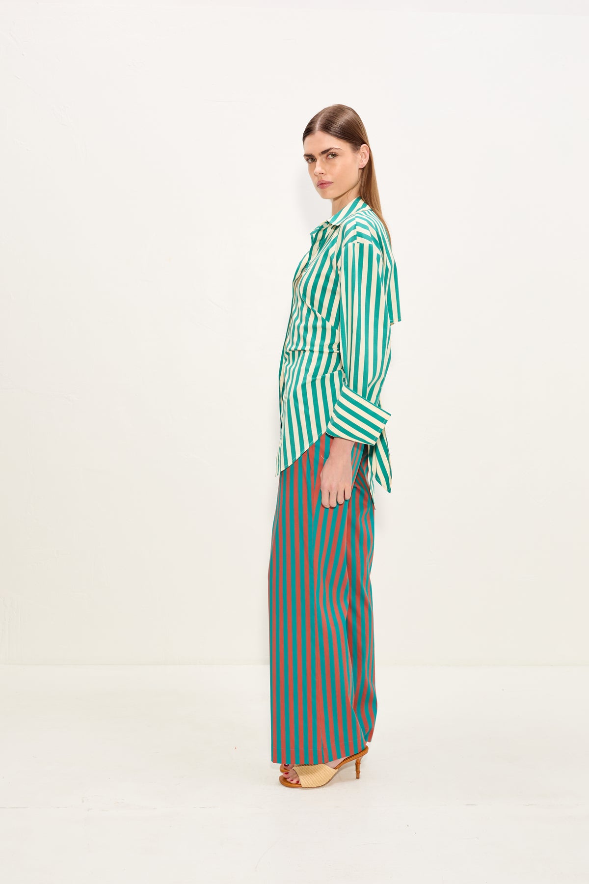 Loch Poplin Button Up In Teal/Cream Stripe