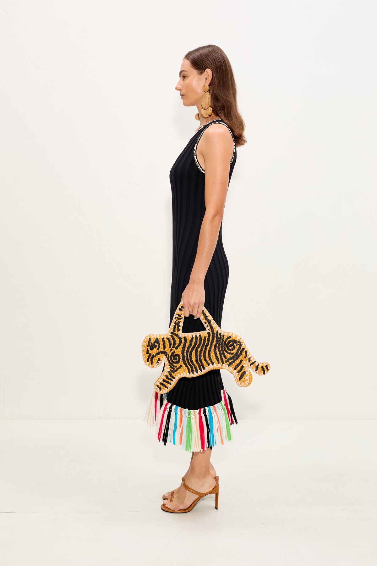 Thea Knit Fringe Dress In Black Multi