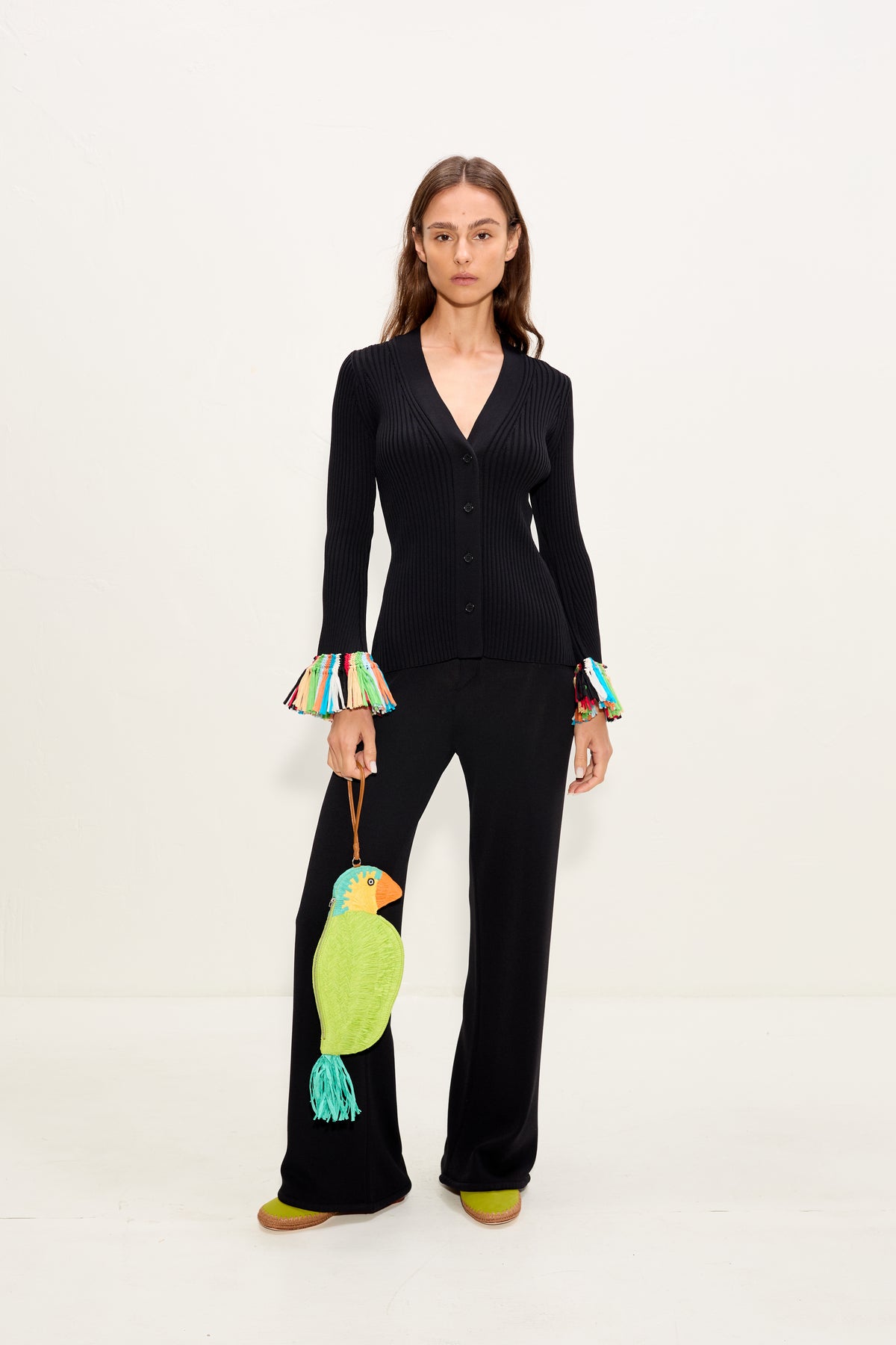 Cara Knit Fringe Cardigan In Black Multi