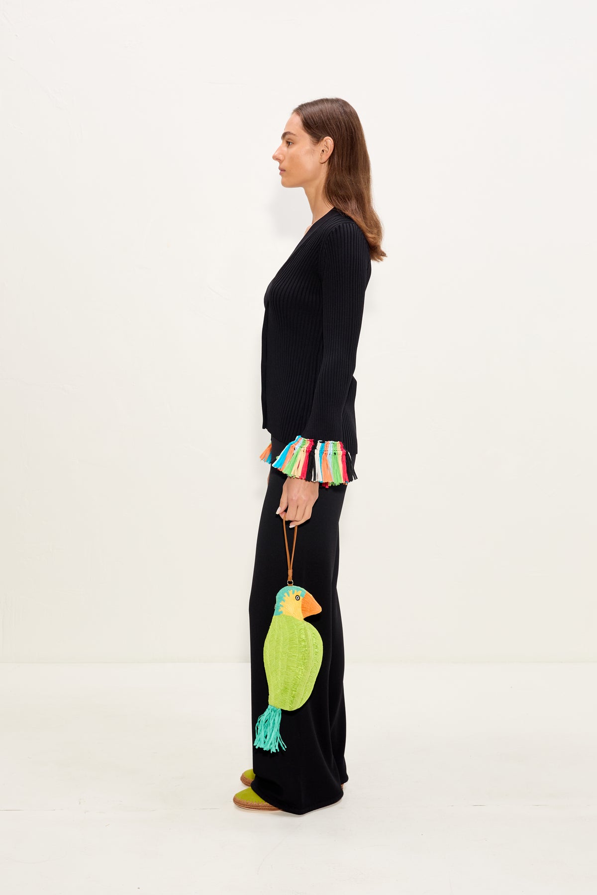 Cara Knit Fringe Cardigan In Black Multi