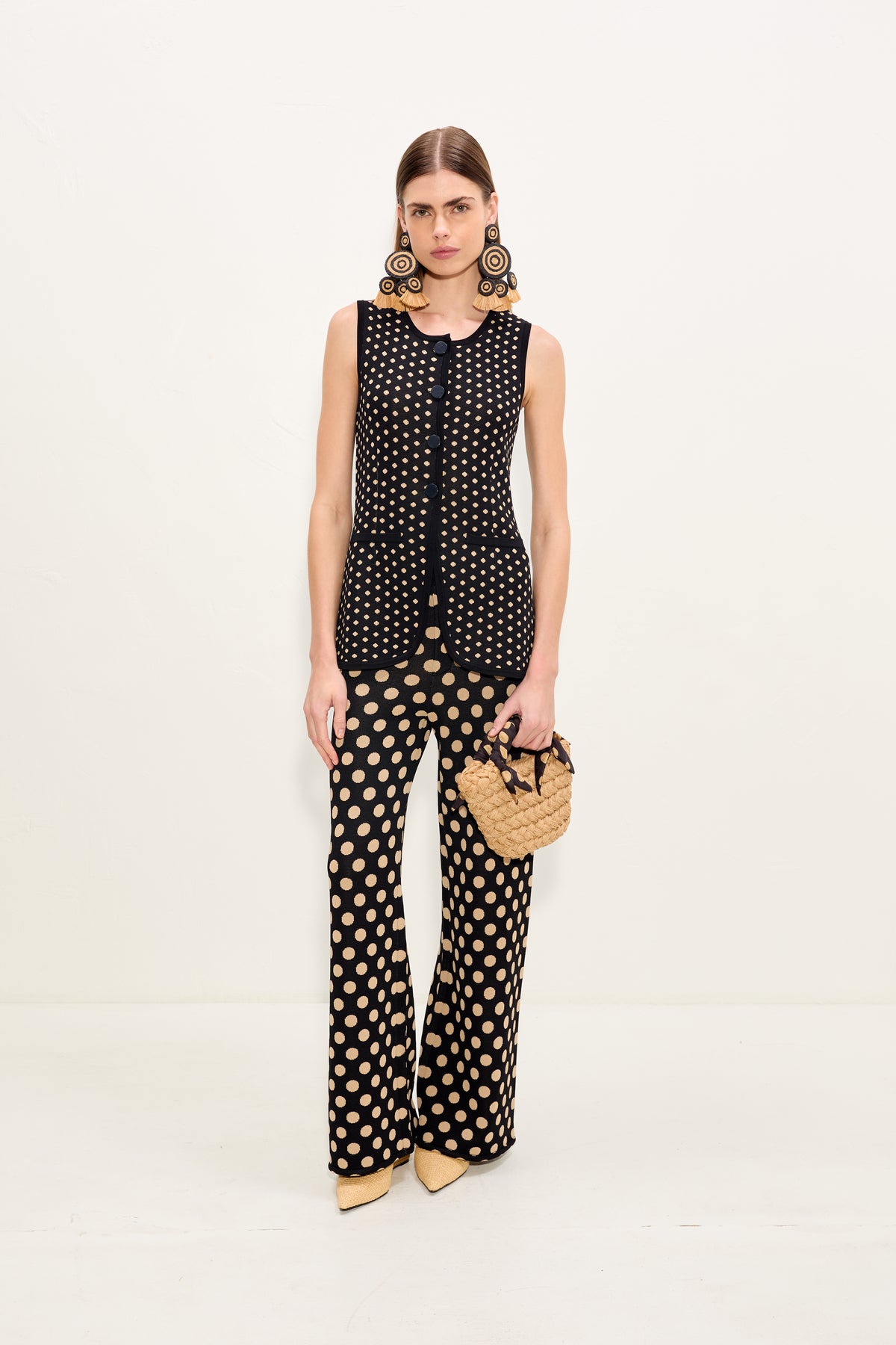 Del Mar Knit Vest In Black/Tan Polka Dot