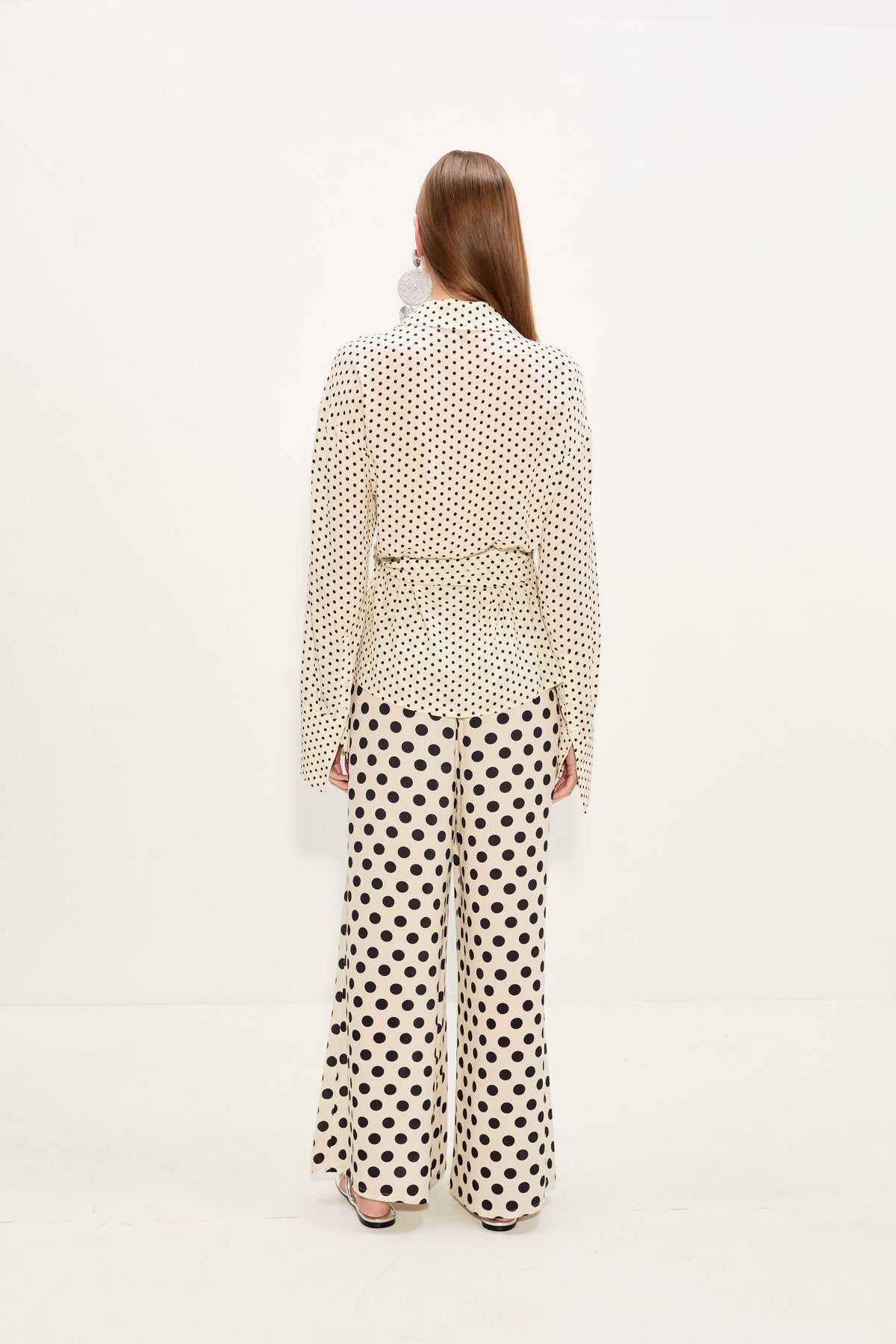 Anya Crepe Wrap Top In Macadamia/Black Polka Dot