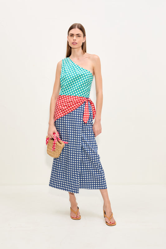 Belem Poplin Midi Dress In Teal Gingham Multi
