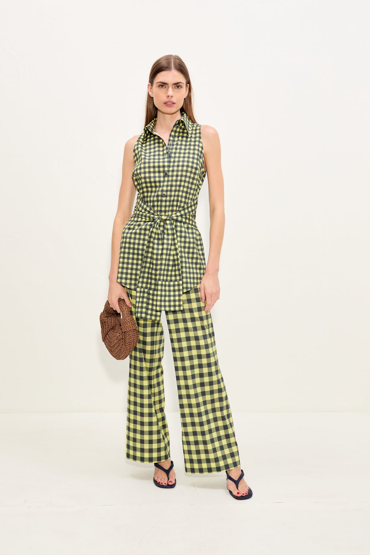 Inna Sleeveless Poplin Top In Peridot/Ebony Gingham