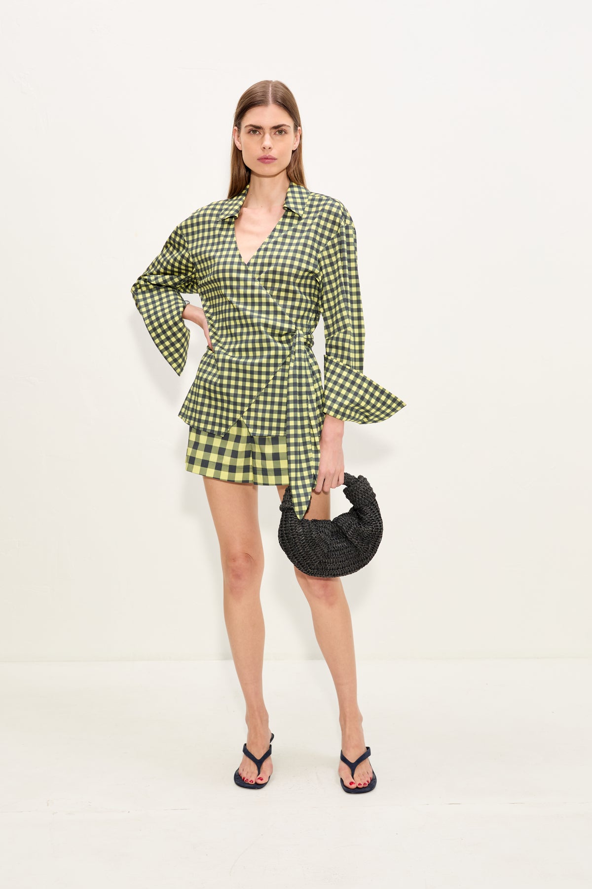 Anya Poplin Wrap Top In Peridot/Ebony Gingham