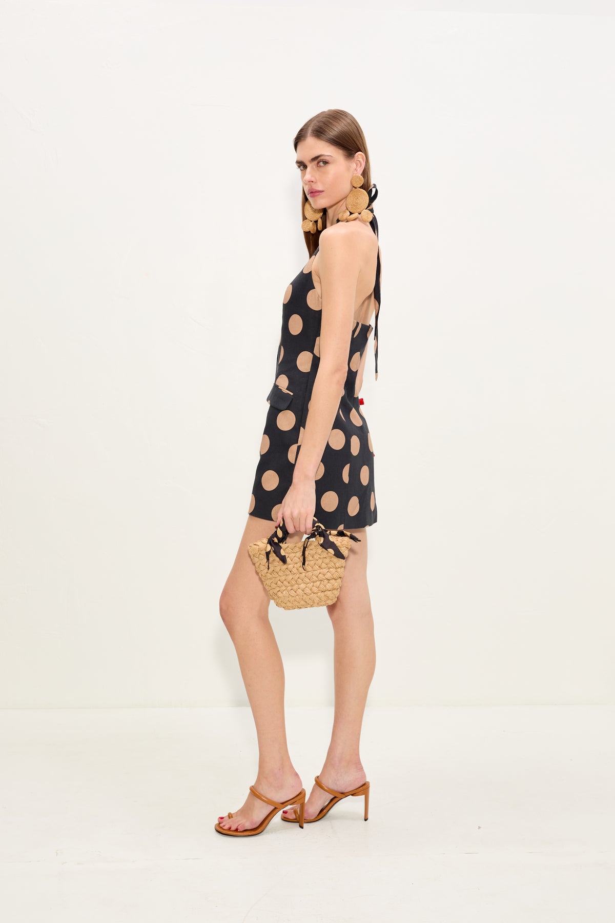 Kirra Linen Mini Dress In Black/Tan Polka Dot