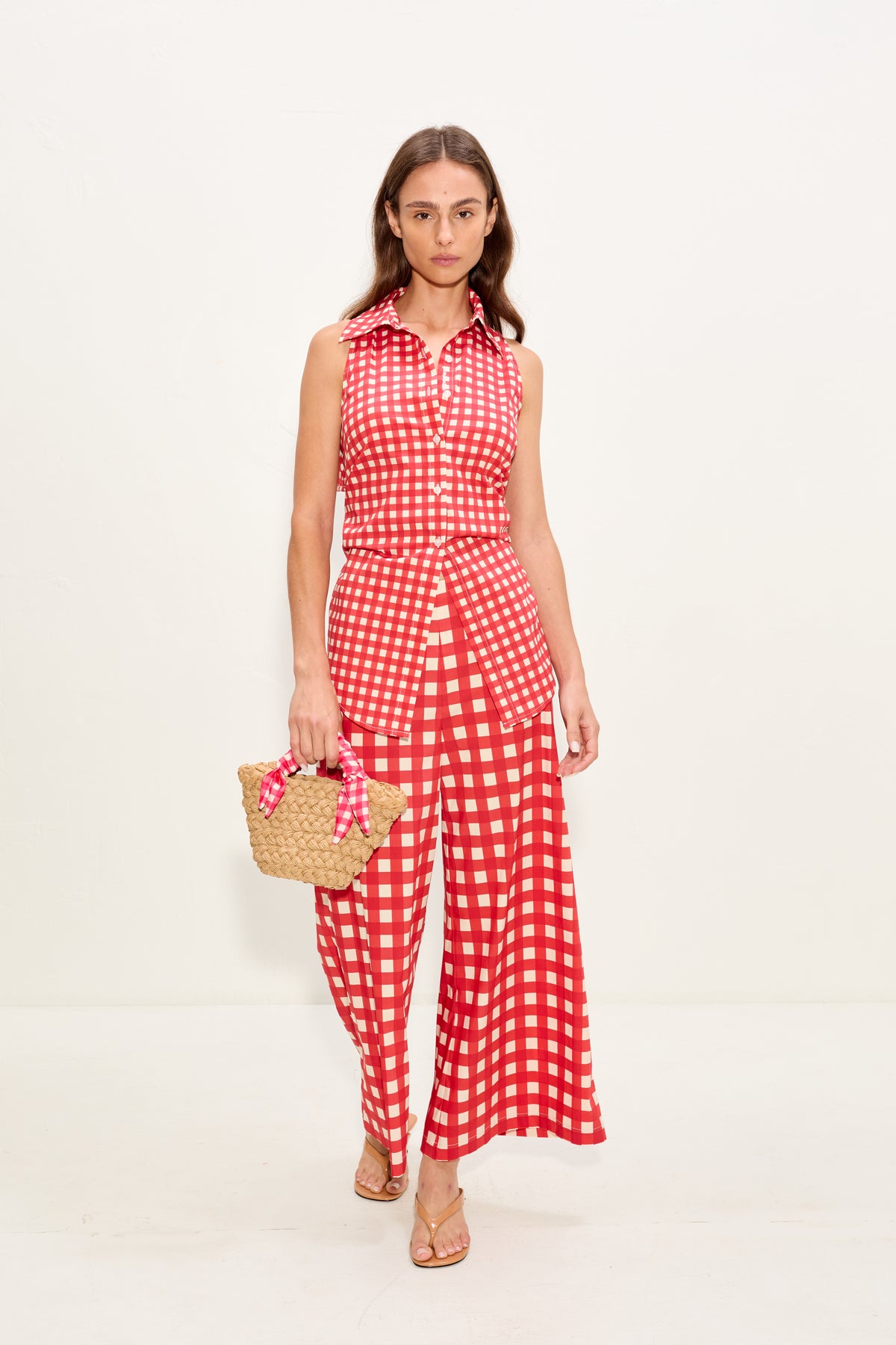 Loch Sleeveless Poplin Button Up In Tomato/White Gingham