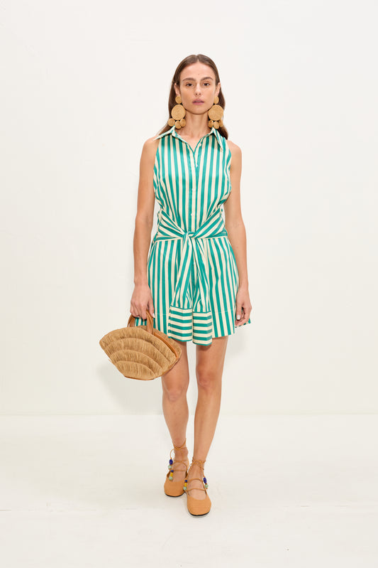 Inna Sleeveless Poplin Mini Dress In Teal/Cream Stripe