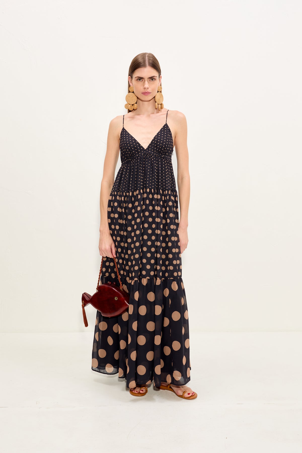 Romi Chiffon Maxi Dress In Black/Tan Polka Dot