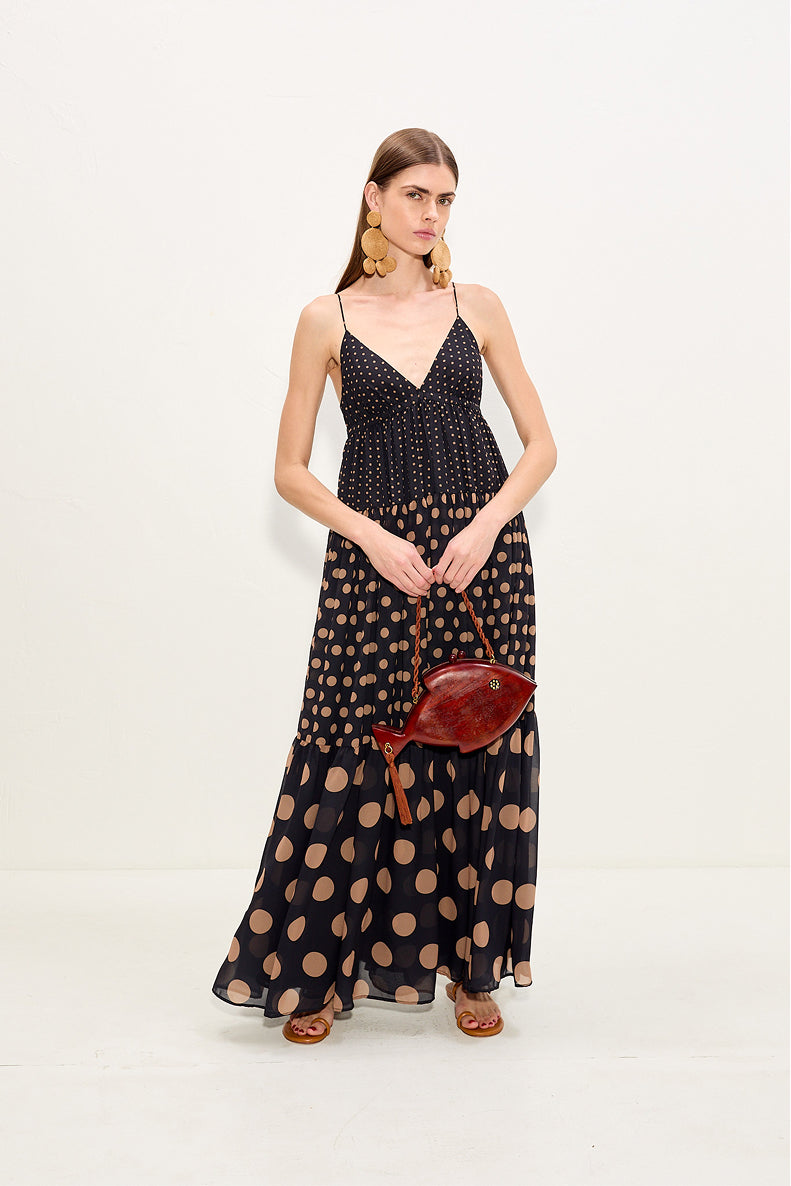 Romi Chiffon Maxi Dress In Black/Tan Polka Dot