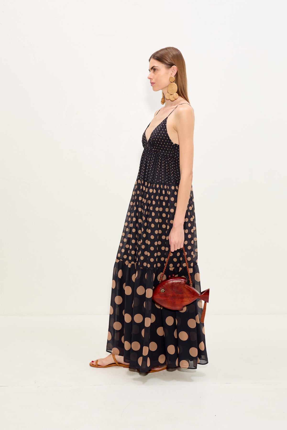 Romi Chiffon Maxi Dress In Black/Tan Polka Dot