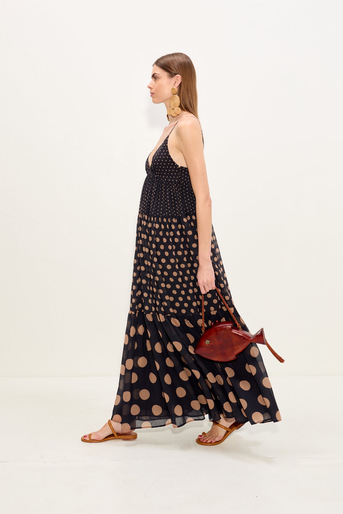 Romi Chiffon Maxi Dress In Black/Tan Polka Dot