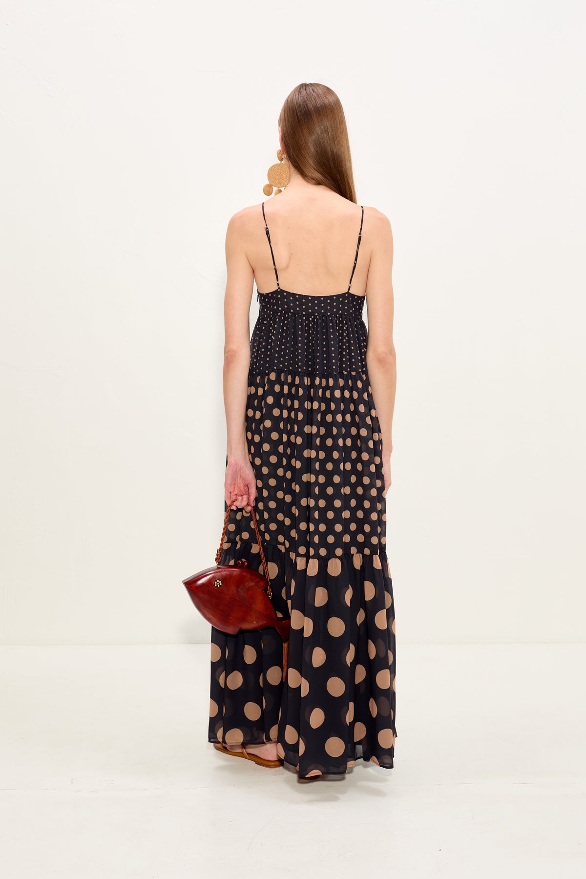Romi Chiffon Maxi Dress In Black/Tan Polka Dot