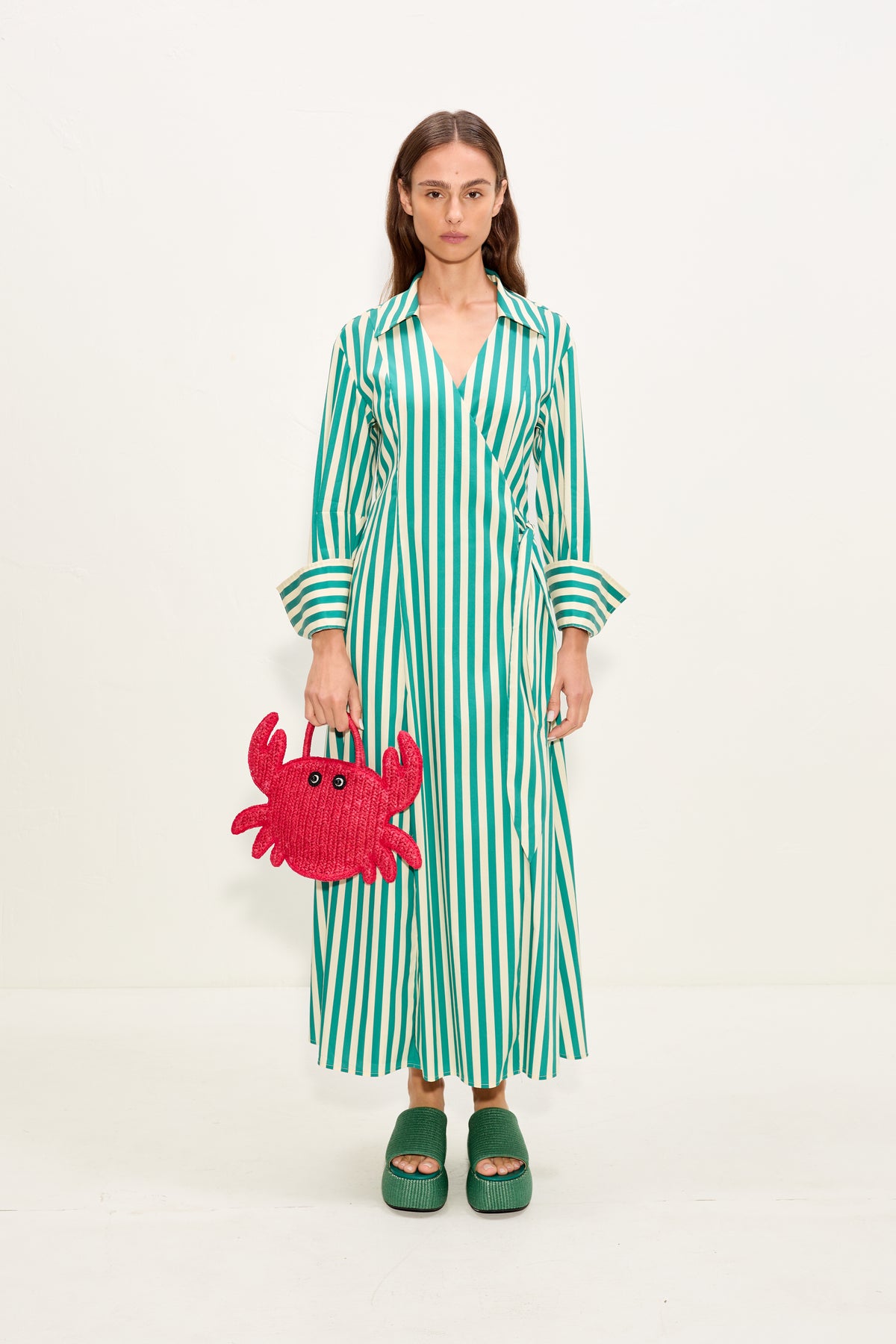 Anya Poplin Wrap Dress In Teal/Cream Stripe