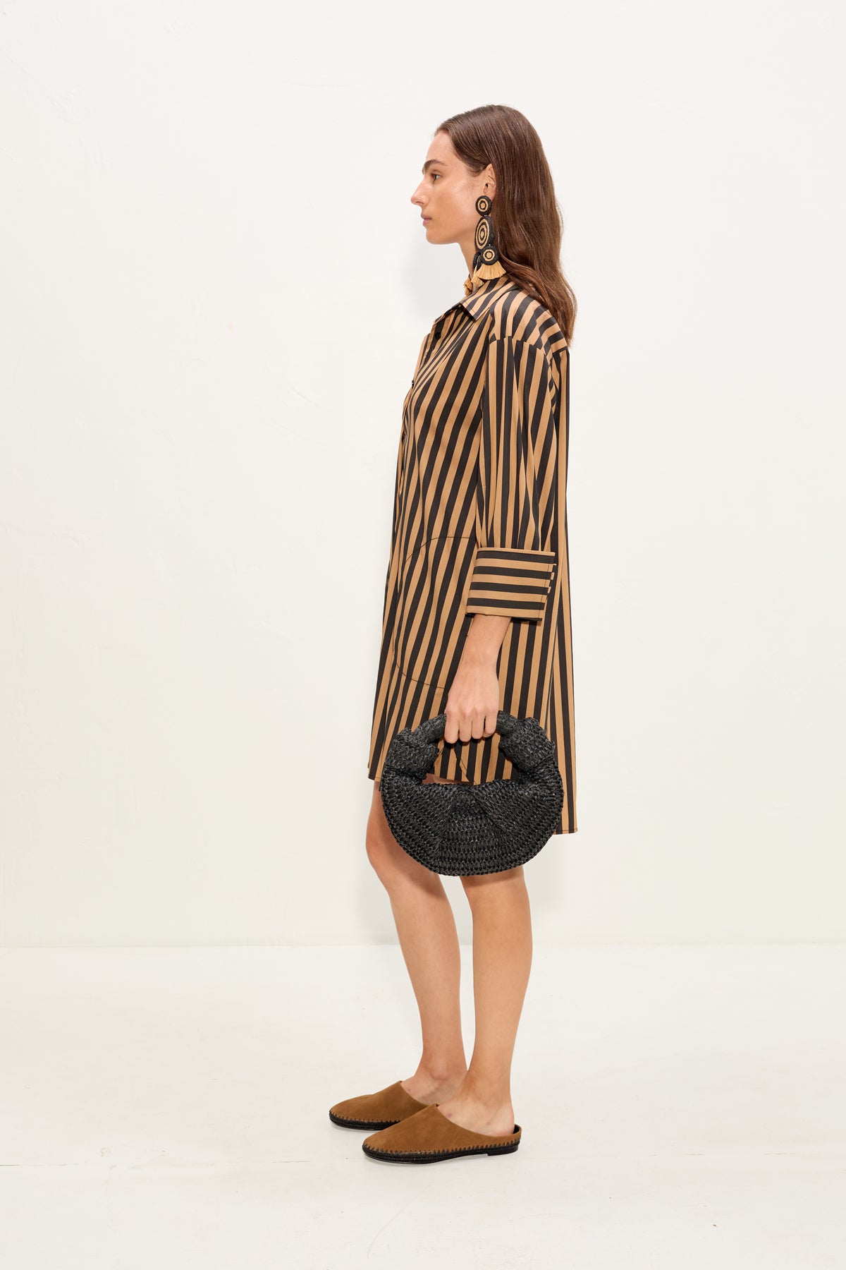 Kena Poplin Dress In Black/Tan Stripe