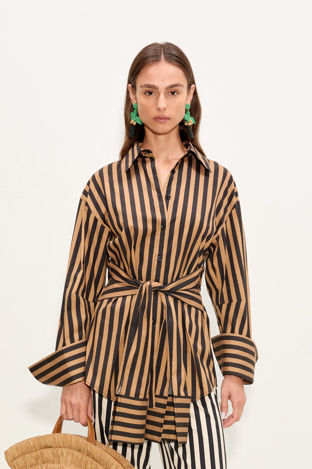 Inna Poplin Top In Black/Tan Stripe