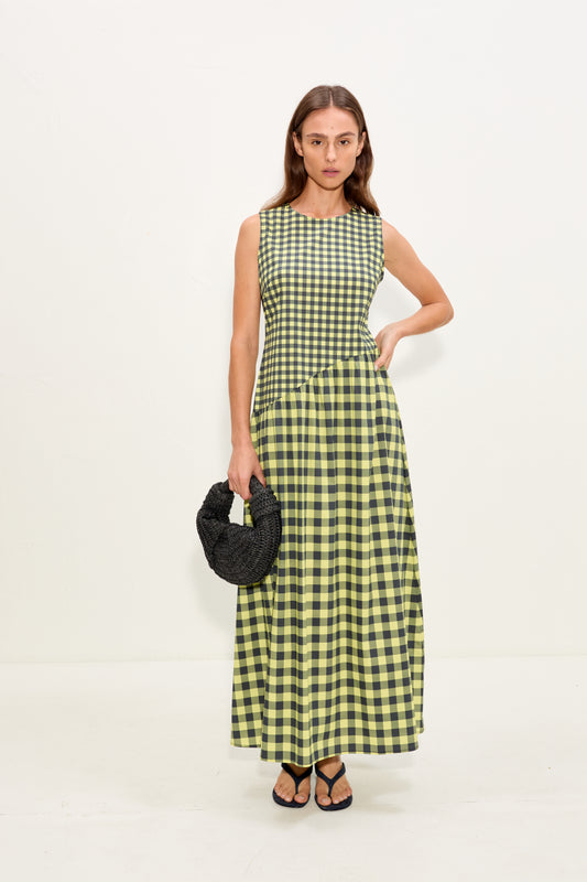 Laurel Poplin Midi Dress In Peridot/Ebony Gingham