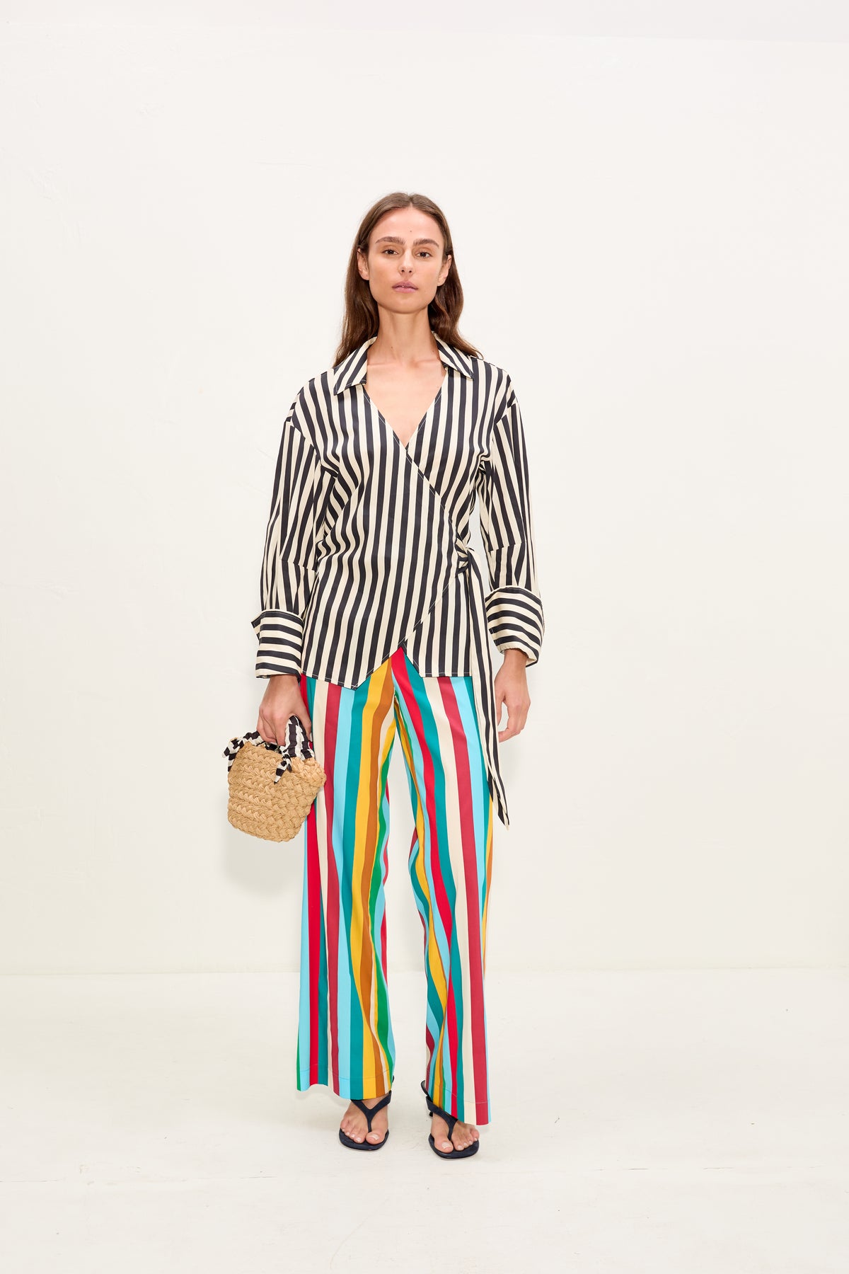 Anya Poplin Wrap Top In Black/White Stripe