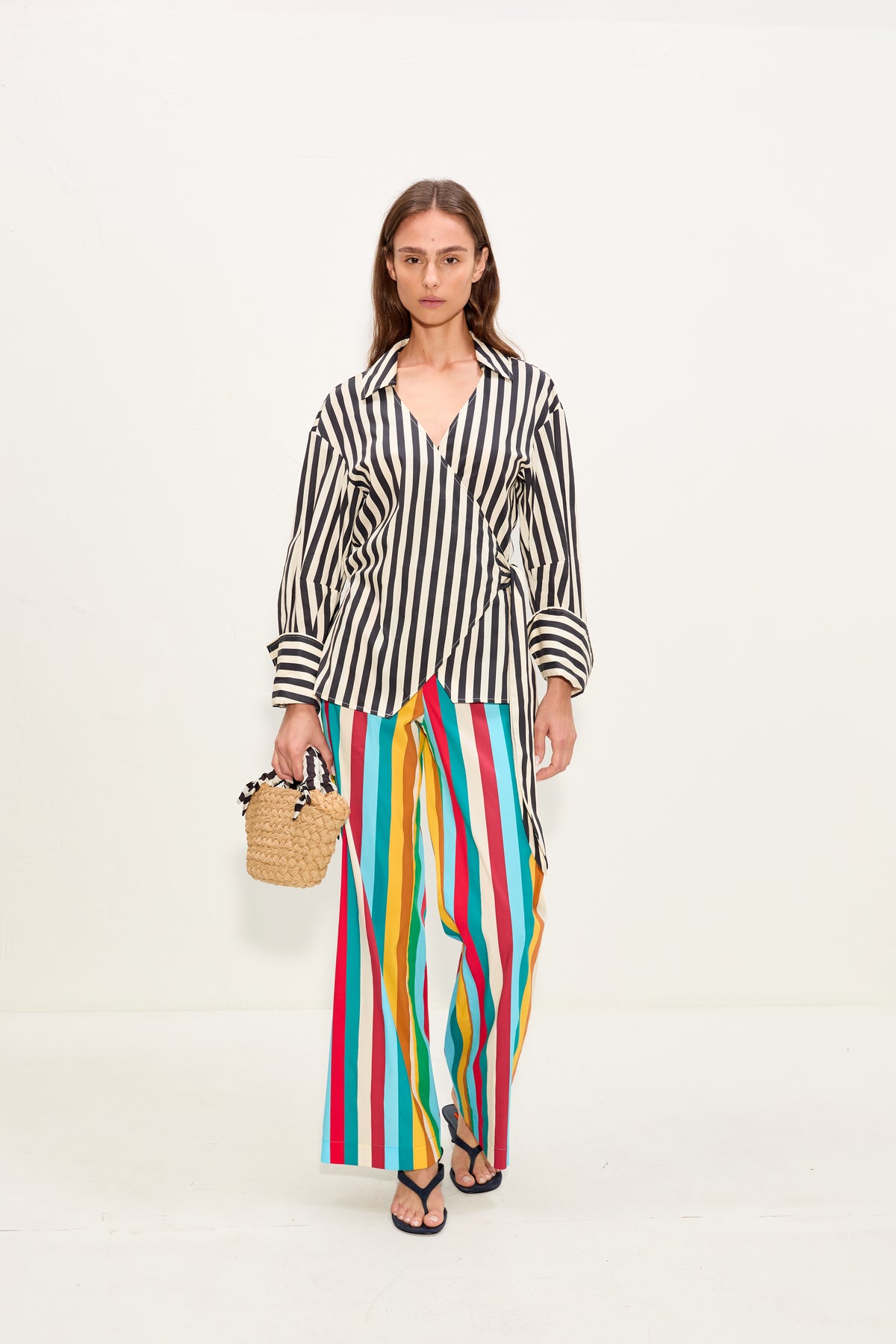 Anya Poplin Wrap Top In Black/White Stripe