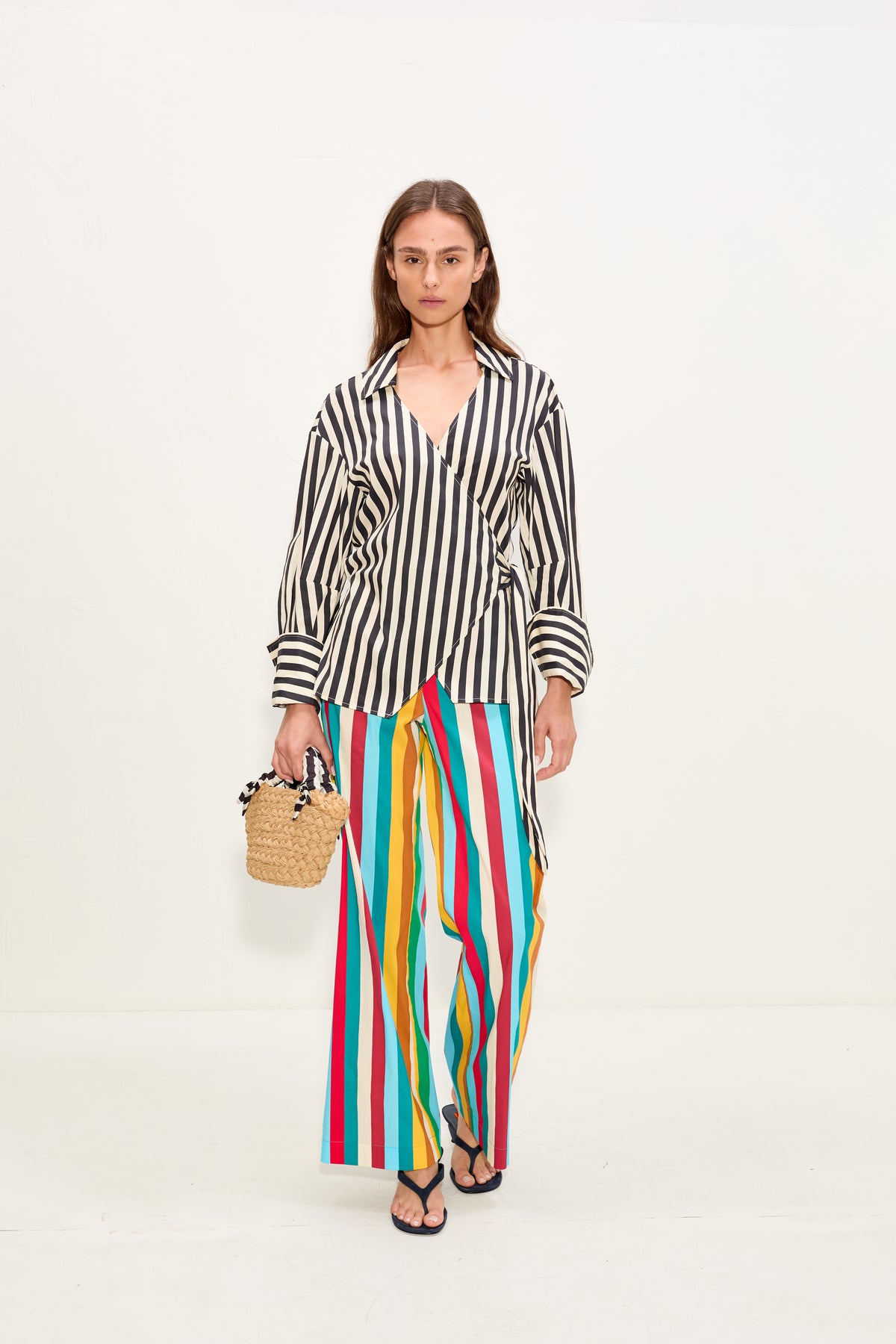 Anya Poplin Wrap Top In Black/White Stripe