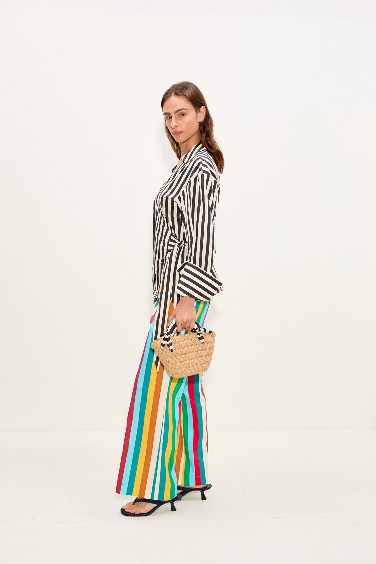 Anya Poplin Wrap Top In Black/White Stripe