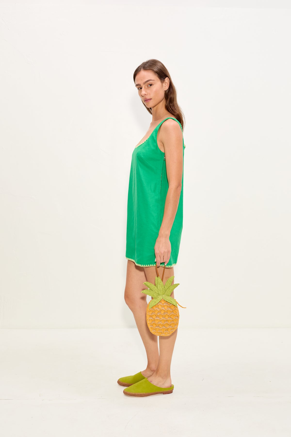 Sahara Embroidered Linen Dress In Grass Green