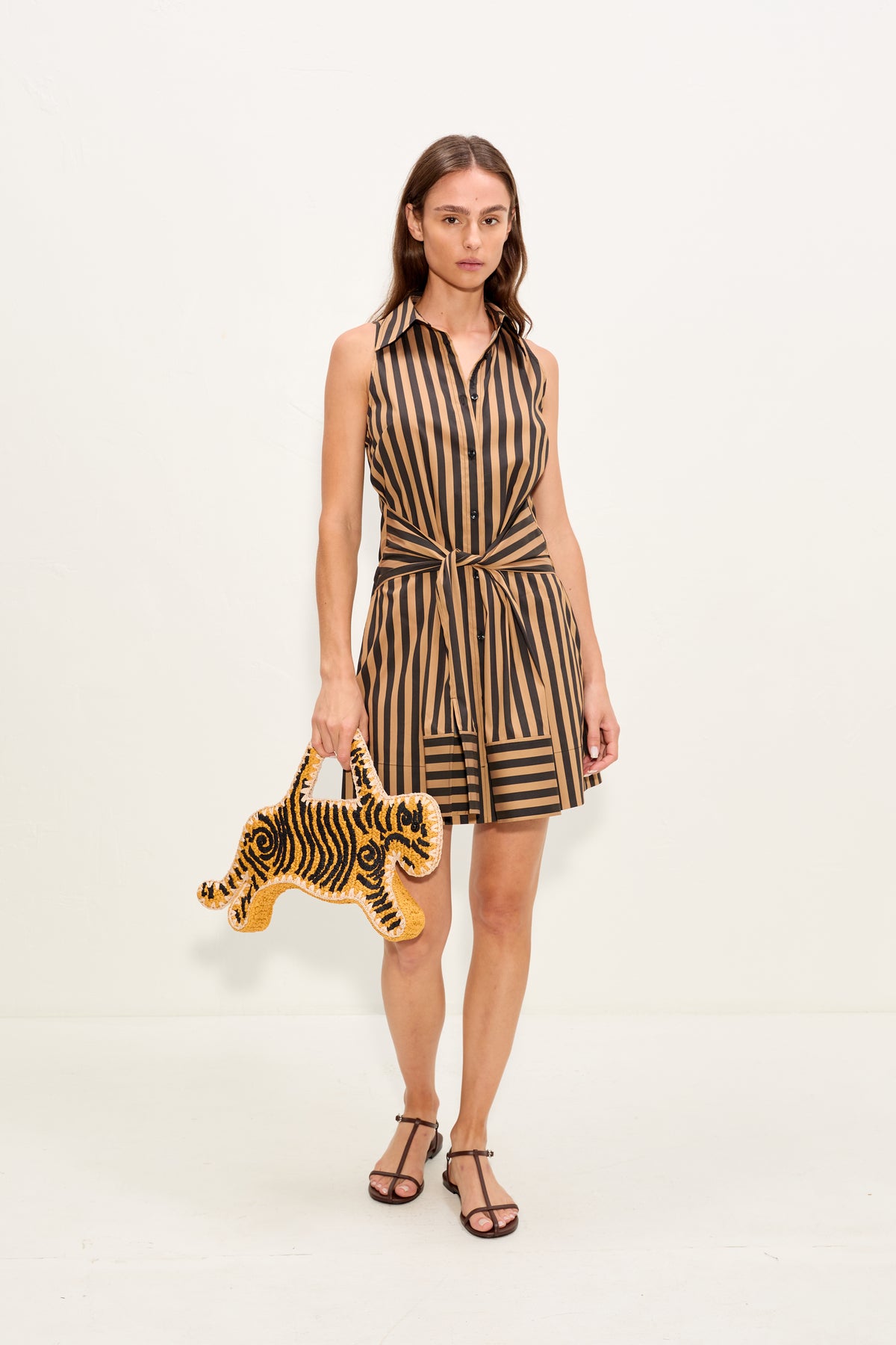 Inna Sleeveless Poplin Mini Dress In Black/Tan Stripe