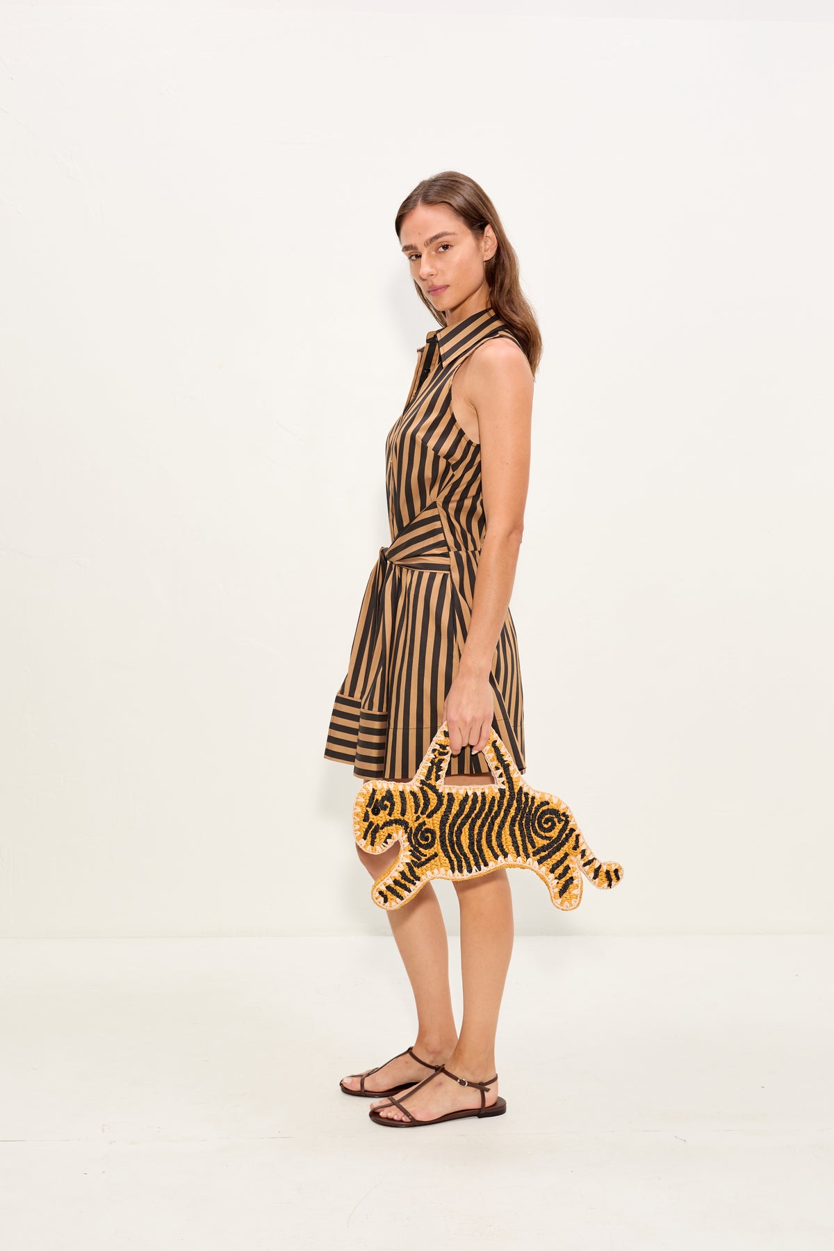 Inna Sleeveless Poplin Mini Dress In Black/Tan Stripe