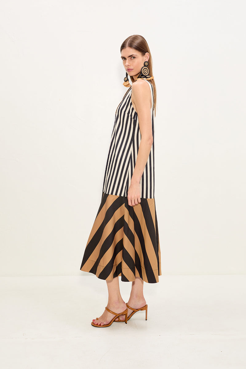 Celeste Poplin Dress In Black/Tan Stripe Combo