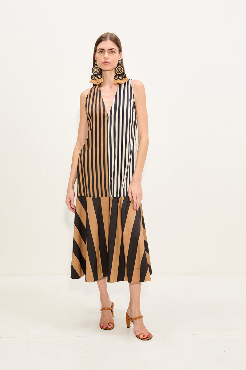 Celeste Poplin Dress In Black/Tan Stripe Combo