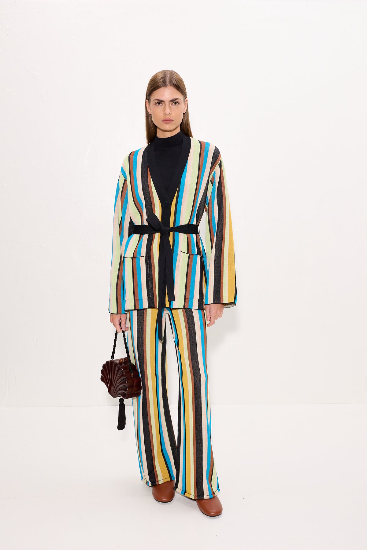 Max Belted Knit Cardigan In Ocean Stripe